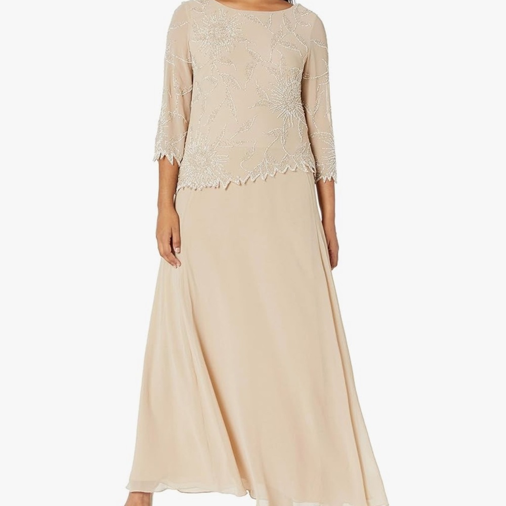 J Kara Champagne Gown with Silver Beading